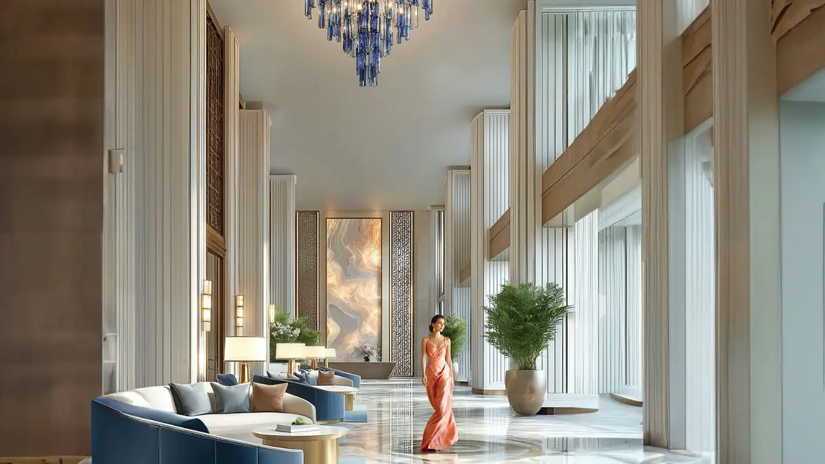 Double-height entrance lobby with chandelier and lounge seating