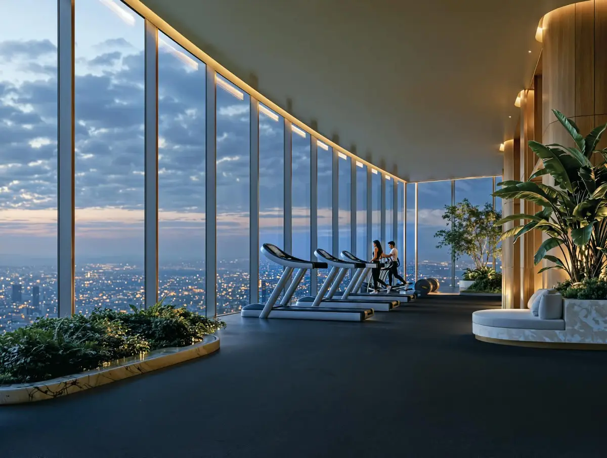 Sky gymnasium overlooking the Mumbai skyline at dusk