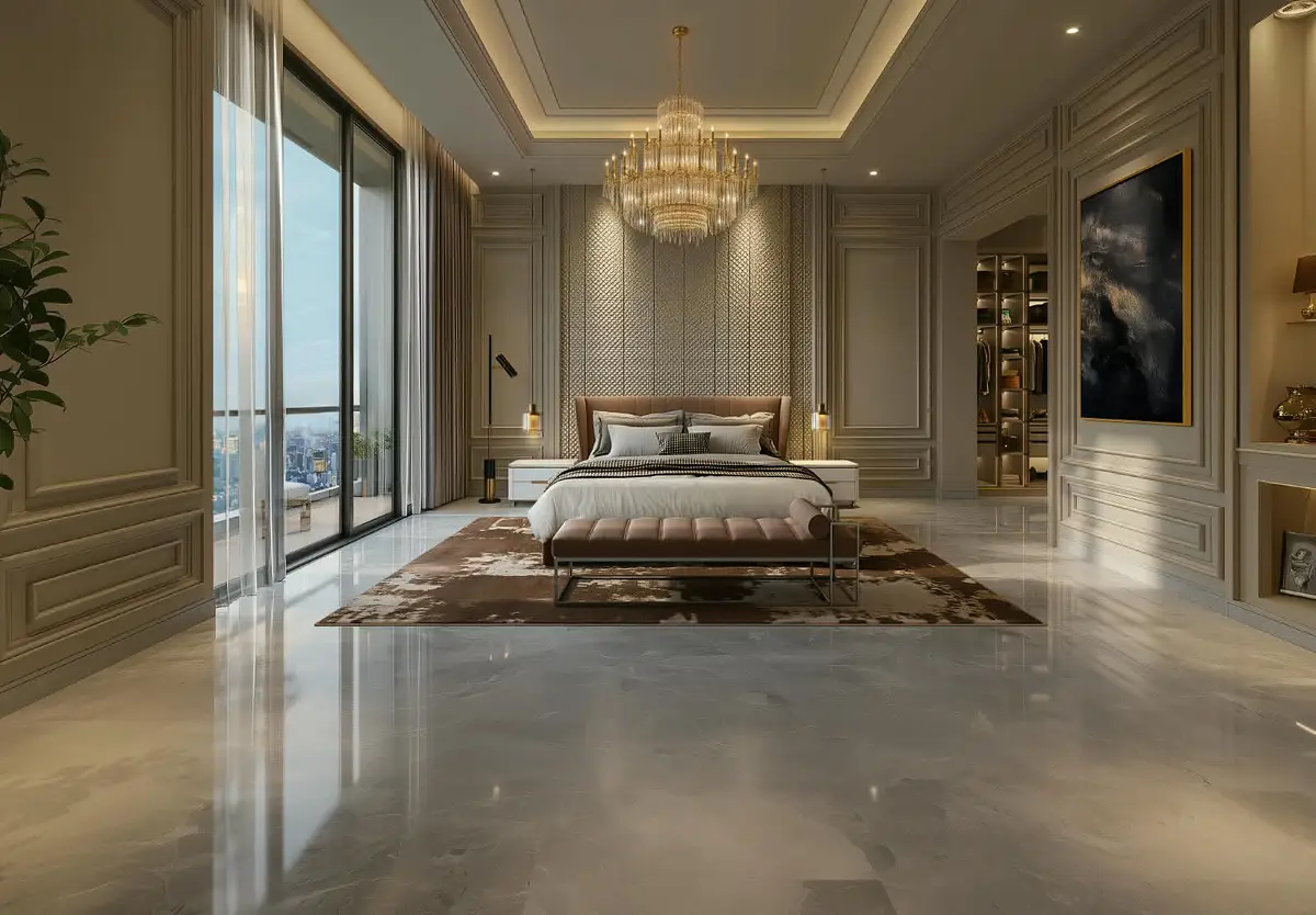 Master bedroom with floor-to-ceiling windows