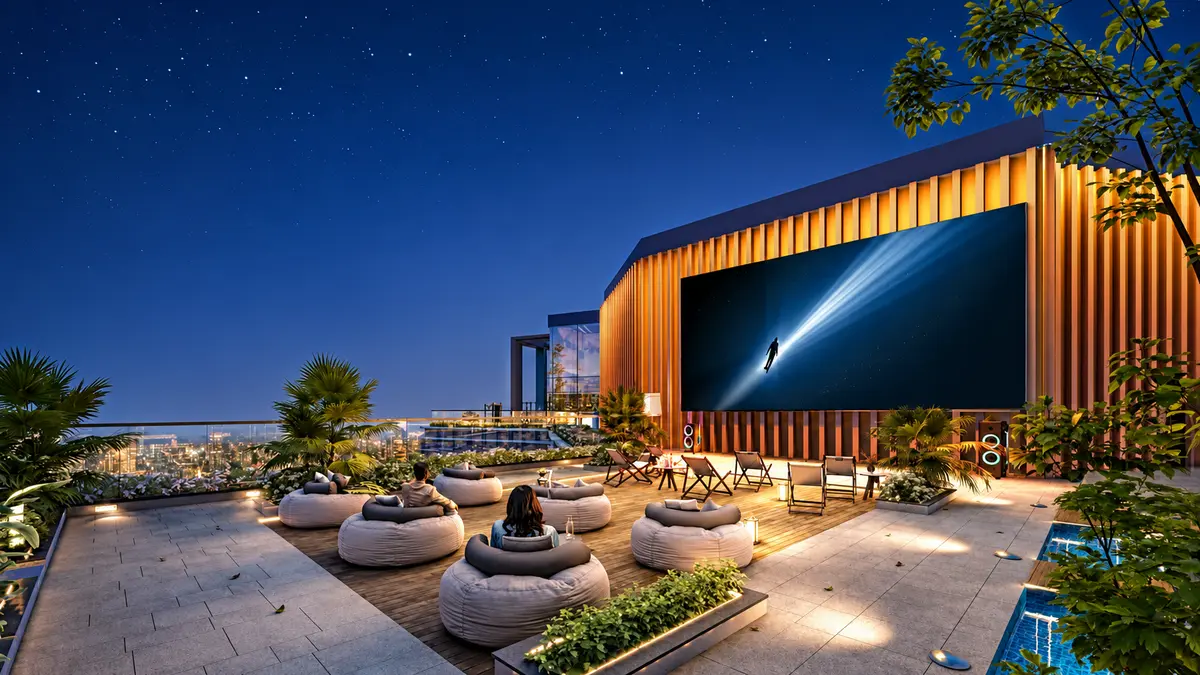 Residents at the open-air rooftop cinema deck at Runwal 7 Mahalaxmi
