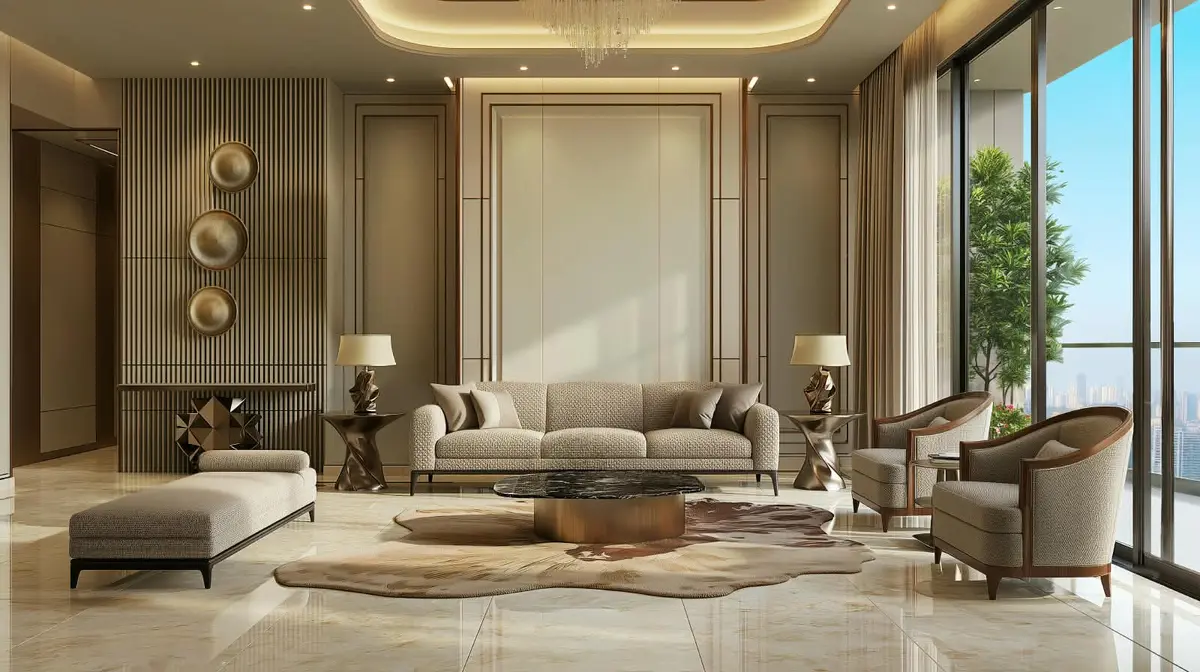 Formal living room with floor-to-ceiling glazing at Runwal 7 Mahalaxmi